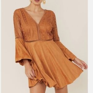 Beyond The Radar Boho Crochet Faux Suede Bell Sleeve Mini Dress Tan Size Large